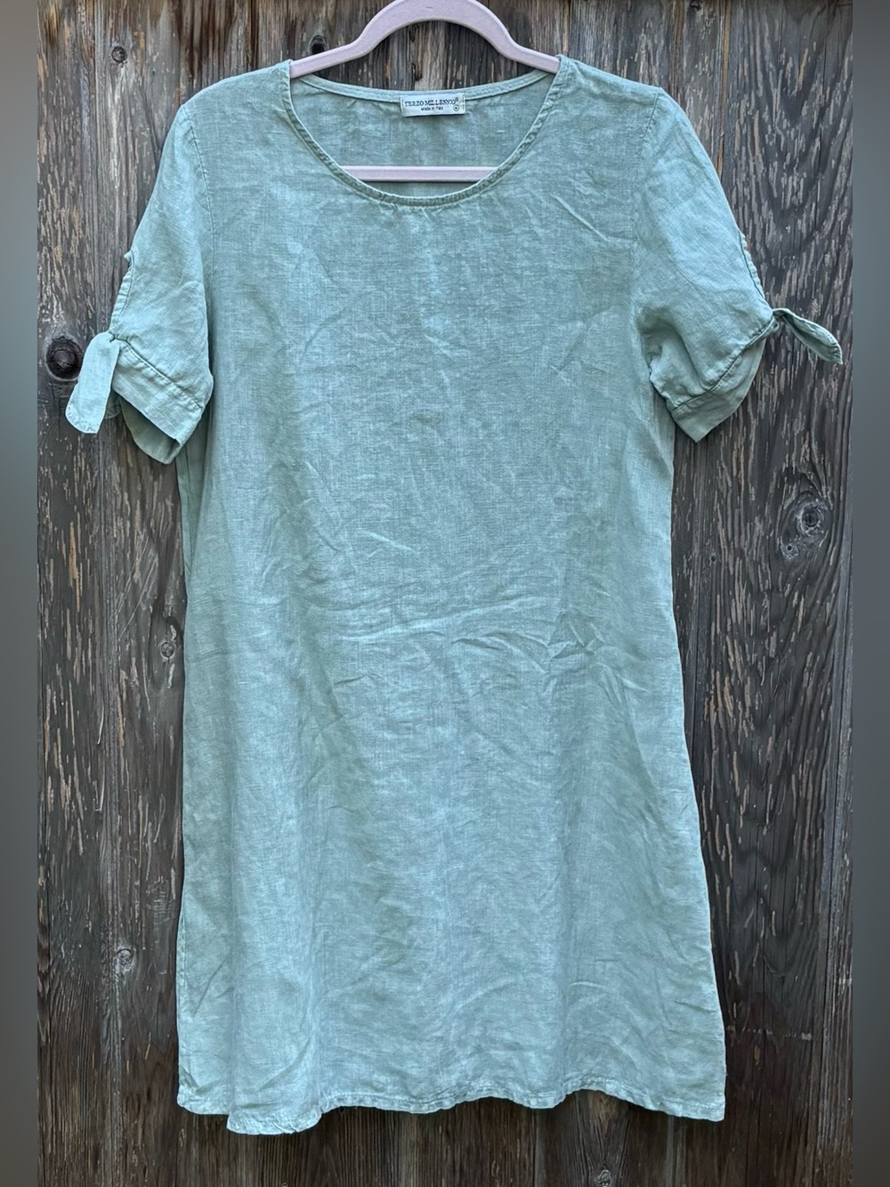 Terzo Millennio Made in Italy Linen Dress Sage Green Cuffed Short Sleeve Size M